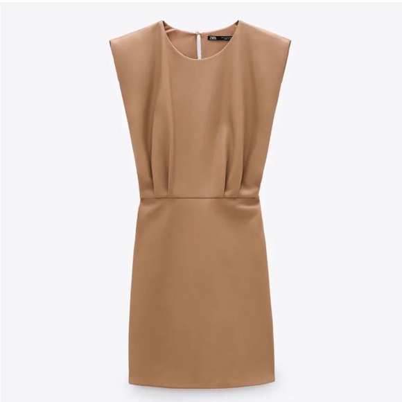 ZARA Taupe Faux Leather Mini Dress With Shoulder Pads Size XS EUC - Picture 4 of 9